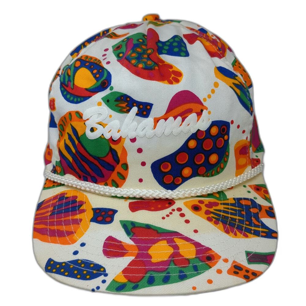 Winner 5 Panel White Blue Green One Size Tropical Fish Print Rope Bahamas Hat